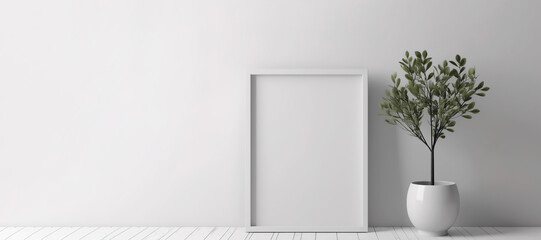 Empty square frame mockup in modern minimalist interior with plant on white wall background. AI generated