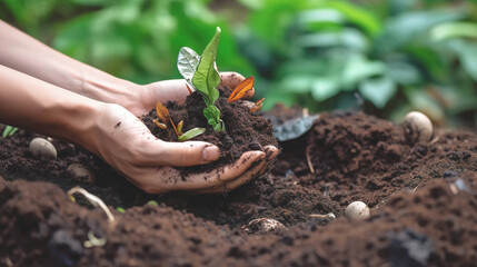 Human hand and natural organic waste for garden fertilization close up. AI generation
