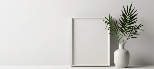 Empty square frame mockup in modern minimalist interior with plant on white wall background. AI generated