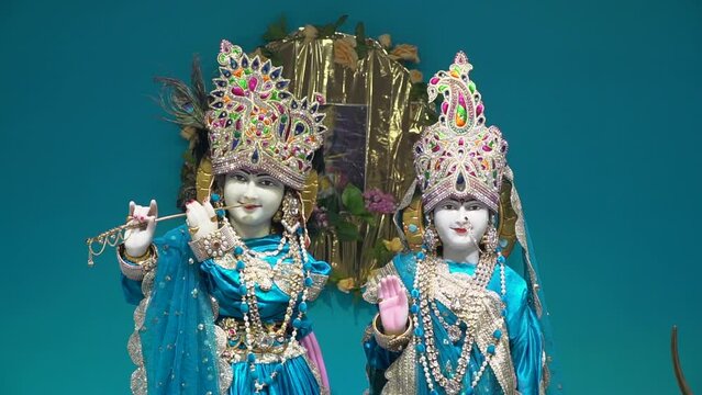 Heavenly Union: Close-Up View of Exquisitely Carved Krishna and Radha Idols