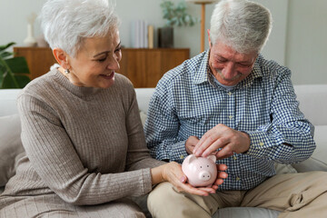 Saving money investment for future. Senior adult mature couple holding piggy bank putting money...