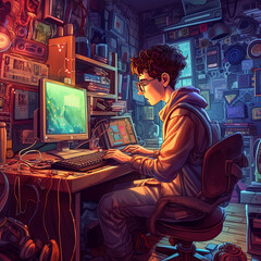 a young nerd in his room facing his computer, colorful comic-style drawing - generative AI - obrazy, fototapety, plakaty