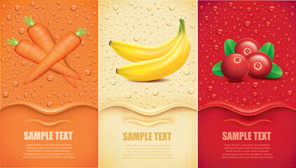 Drinks and juice background with drops and carrot, banana, cranberry
- 613165185