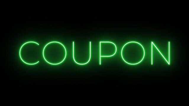 Flickering neon green glowing coupon sign animated black background.