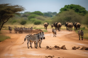 Fototapeta na wymiar zebras and wildebeest in serengeti city