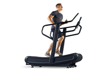 Full length of a fitness sporty man running or walking on a treadmill PNG transparent photo. Young male athlete in sportswear running on a professional treadmill in gym