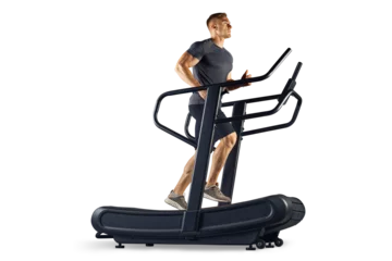 Garden poster Fitness Full length of a fitness sporty man running or walking on a treadmill PNG transparent photo. Young male athlete in sportswear running on a professional treadmill in gym