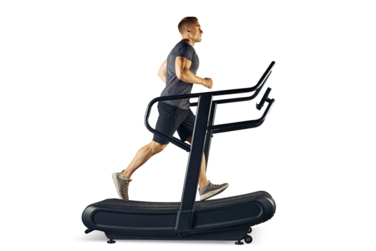 Full length of a muscular sporty man running on a treadmill PNG transparent photo sideview. Young male athlete in sportswear running on treadmill 