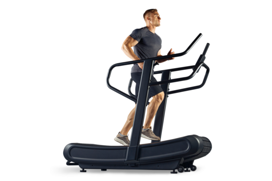 Full length of a fitness sporty man running or walking on a treadmill PNG transparent photo. Young male athlete in sportswear running on a professional treadmill in gym - Powered by Adobe
