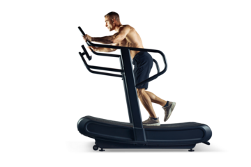 Male athlete sportsman running on treadmill full length isolated transparent PNG photo sideview