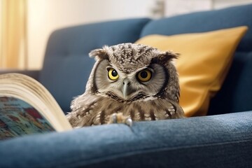 An owl reading a book on a sofa, learning and knowledge, Generative Ai