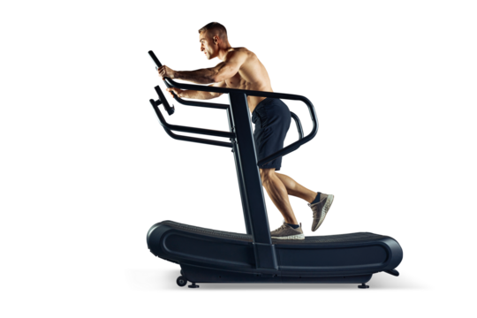 Male athlete sportsman running on treadmill full length isolated transparent PNG photo sideview 