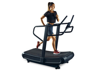 Full length of a fitness sporty woman running on a treadmill PNG transparent photo. - obrazy, fototapety, plakaty