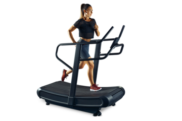 Full length of a fitness sporty woman running on a treadmill PNG transparent photo.