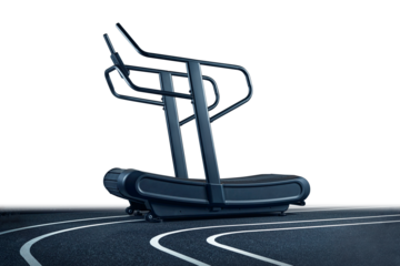 Treadmill in gym floor isolated PNG photo. Professional sports gym equipment