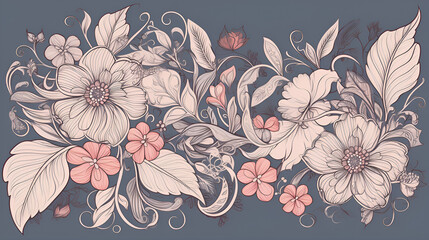 Vintage linear floral ornament with flowers, generated by AI