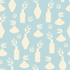 Beige leaves branch in vases seamless pattern vector. Neutral boho art print