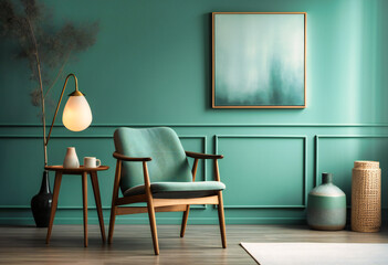 green chair and wooden table next to a modern green wall picture frame for decoration
