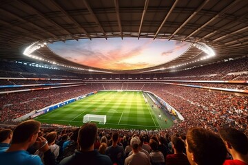 A captivating view inside a soccer stadium with enthusiastic fans, Generative Ai