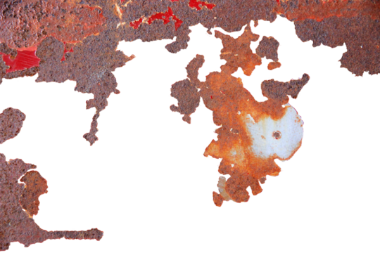 Many rusty, old and dirty local steel surfaces with white background.