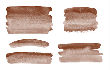 Coffee, chocolate brown gradient watercolor vector brush strokes, stripes set. Banners collection, rectangle shape. Painted watercolour stains textures. Aquarelle templates, text backgrounds.