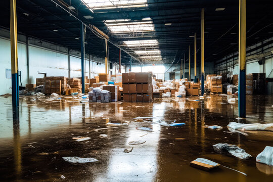 Aftermath of a flood inside a warehouse, water damaged industrial building. Generative AI