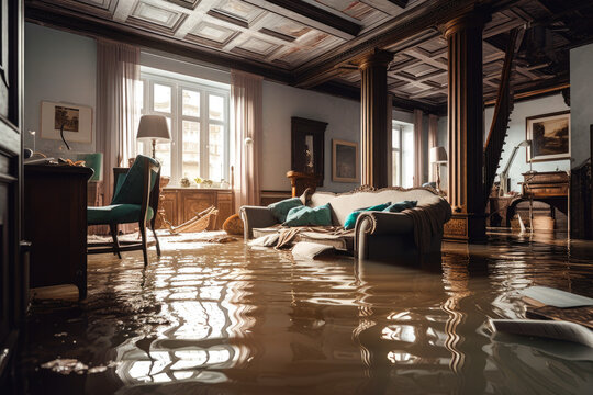 Aftermath of a flood inside a house, flood damaged furniture and house furnishings, generative ai