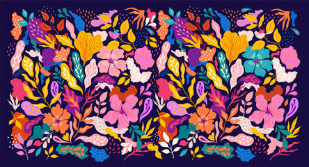 Bright summer design. Vector illustration with flowers and leaves 