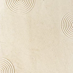 Fotobehang Zen Top view pattern in Japanese Zen Garden with close up concentric circles on sand for meditation and relaxation. Aesthetic minimal sand background with copyspace, beige neutral tones.  © yrabota