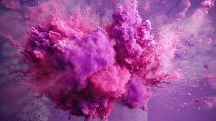 Abstract background with a splash of powder. An explosion of purple powder on a dark one. Multicolored cloud. Explosion of multicolored dust. Holi colors.