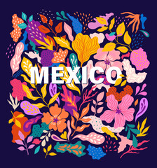 Mexico illustration. Mexican decorative vector pattern. Bright summer design. Vector illustration with flowers and leaves 