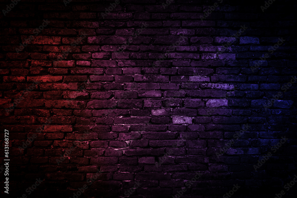 Wall mural neon light on brick walls that are not plastered background and texture. lighting effect red and blu