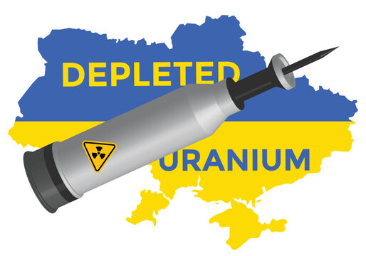 depleted uranim tank shell, ukraine map in flag colors, blue and yellow, vector illustration