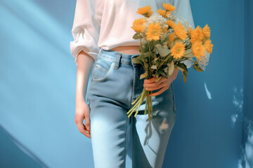 woman yellow white romantic sweater green blue floral bouquet flower hand. Generative AI.