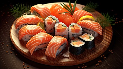  Fresh and delicious salmon sushi on a plate.generated with AI.