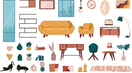 Set of furniture and decorations for living room. Mid century modern style. Flat vector collection isolated on white background.