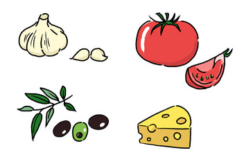 ニンニク、トマト、チーズ、オリーブなどのイタリア料理の素材の手書きイラストセット