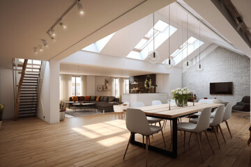 Obraz na płótnie Canvas Architectural photography of a modern livingroom. Modern style interior design idea, loft conversion. Generative AI