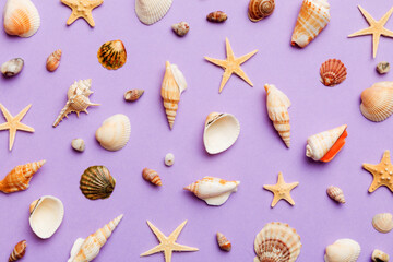 Summer time concept Flat lay composition with beautiful starfish and sea shells on colored table, top view
