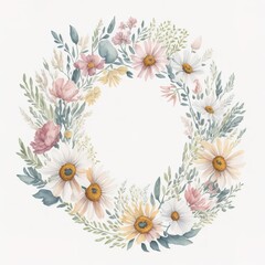 Watercolor floral wreath with white, purple and yellow meadow flowers on white background, AI generated illustration