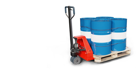 Pallet jack. Blue barrels. Hydraulic warehouse trolley. Hand pallet jack isolated on white. Barrels for storing chemicals or fuel. Storage equipment. Pallet jack side view. 3d image
