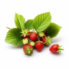 Ripe forrest strawberry with green leaves isolated on white background. AI generated.