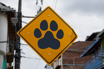 Road sign with a dog paw print at a street intersection meaning safe crossing for pets.