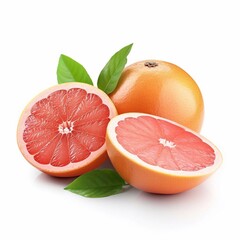 Ripe grapefruit with green leaves isolated on white background. AI generated.