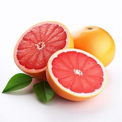 Ripe grapefruit with green leaves isolated on white background. AI generated.