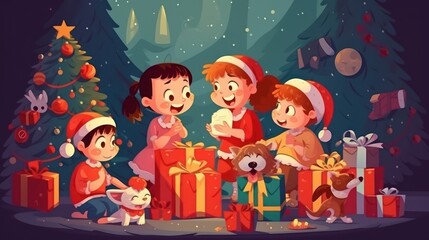 Santa Claus Gives Gifts to Children. Santa Claus. Gifts. Christmas Tree. Christmas. Christmas Pattern. Xmas. Made With Generative AI.