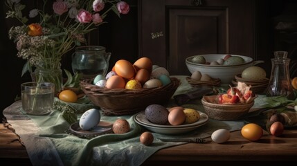 Fototapeta na wymiar Easter Eggs. Easter Cake. Easter table. Rabbit. Easter. Made With Generative AI.