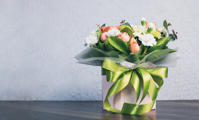 Bouquet of flowers. Flowers in a vase on the table. Wedding bouquet. Greeting card