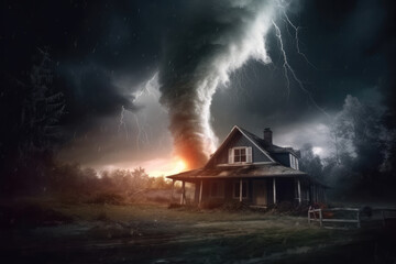 Fototapeta na wymiar Large tornados destroying house
