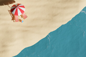 3D render illustration of summer and travel vacation concept with beach chair, beach ball and umbrella, summer elements